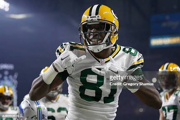 Geronimo Allison of the Green Bay Packers celebrates a touchdown while playing the Detroit Lions at Ford Field on January 1, 2017 in Detroit, Michigan