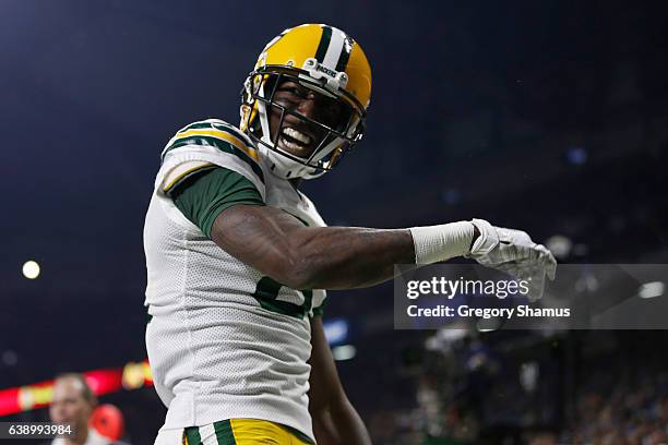 Geronimo Allison of the Green Bay Packers celebrates a touchdown while playing the Detroit Lions at Ford Field on January 1, 2017 in Detroit, Michigan