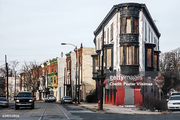 abandoned buildings on germantown avenue, philadelphia. - philadelphia winter stock pictures, royalty-free photos & images