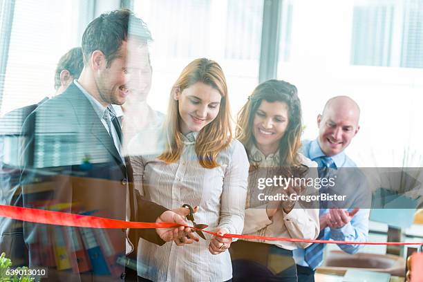 opening ceremony with ribbon cutting - ribbon cutting stock pictures, royalty-free photos & images