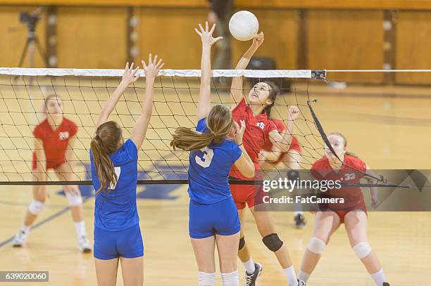 high school female volleyball player spiking the ball - desporto de equipa imagens e fotografias de stock