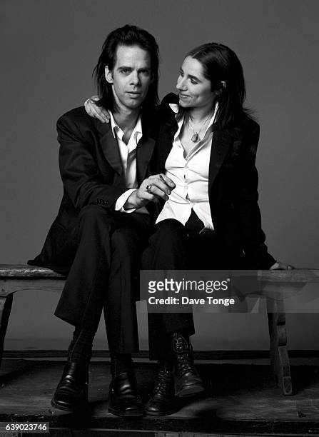 Portrait of Australian singer-songwriter Nick Cave and English singer-songwriter PJ Harvey to promote their duet 'Henry Lee' from the album 'Murder...