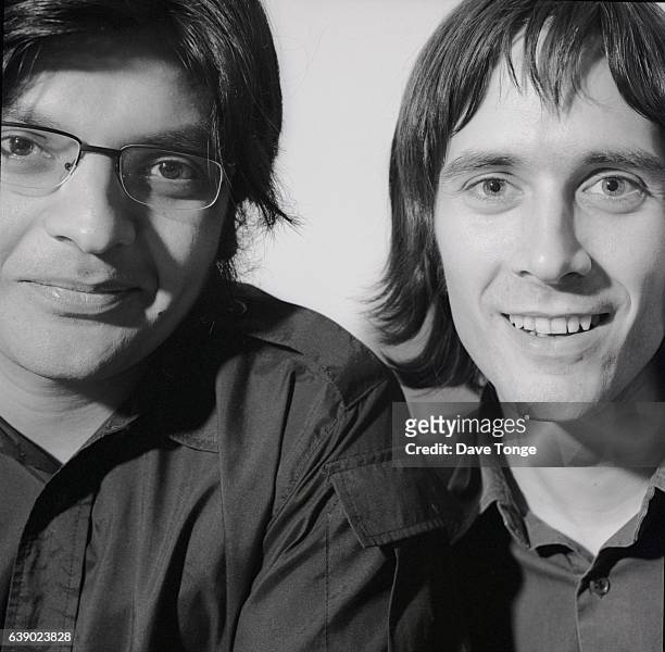Tjinder Singh and Ben Ayres of British indie rock group Cornershop, Stoke Newington, London, United Kingdom, August 1999.