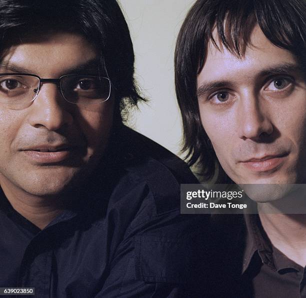 Tjinder Singh and Ben Ayres of British indie rock group Cornershop, Stoke Newington, London, United Kingdom, August 1999.