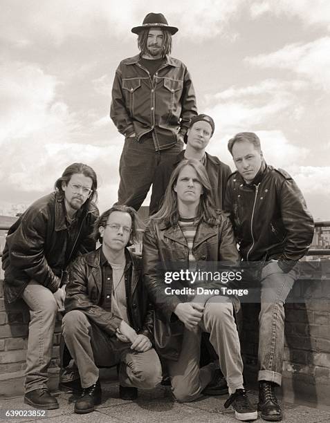 Group portrait of American rock group Counting Crows, Dublin, Ireland, 1994. Adam Duritz back centre.