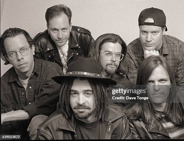 Group portrait of American rock group Counting Crows, Dublin, Ireland, 1994. Adam Duritz front left.