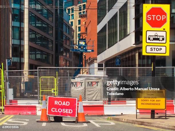 england, manchester, road closed - hazard sign stock pictures, royalty-free photos & images