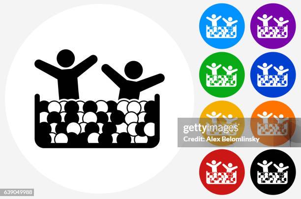 children ball pool icon on flat color circle buttons - ball pit stock illustrations