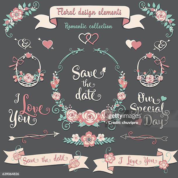 floral design elements set romantic collection - save the date stock illustrations