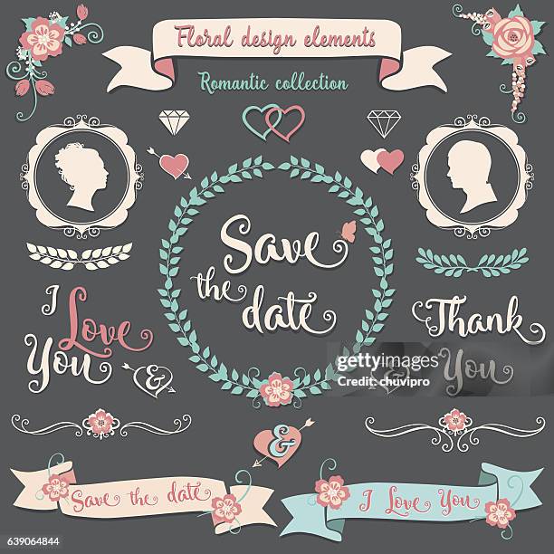 floral design elements set romantic collection - save the date stock illustrations