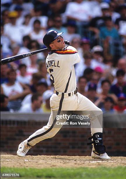 Jeff Bagwell of the Houston Astros bats during an MLB game versus the Chicago Cubs at Wrigley Field in Chicago, Illinois. Bagwell played for the...