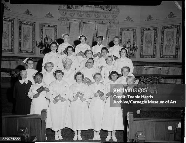 Passavant hospital graduating practical nurses and staff including Sister Margaret Fry, Virginia A. Lang, Sister Margaret Schueder, Virginia Lang,...