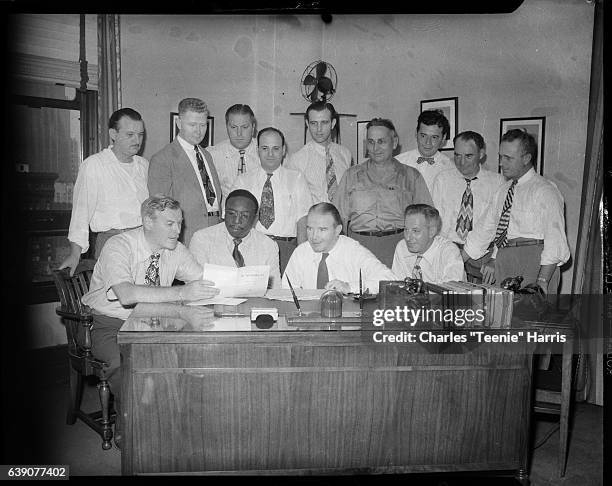 Members of steel PAC, seated from left: David J. McDonald, Jack Thornton, Clairton Mayor John Mullin, George Pettigrew; standing: G. J. Conway, B. F....