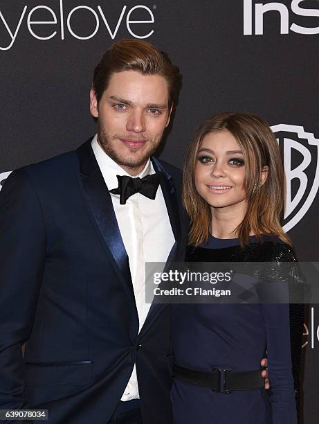 Dominic Sherwood and Sarah Hyland attend The 2017 InStyle and Warner Bros. 73rd Annual Golden Globe Awards Post-Party at The Beverly Hilton Hotel on...