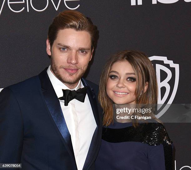 Dominic Sherwood and Sarah Hyland attend The 2017 InStyle and Warner Bros. 73rd Annual Golden Globe Awards Post-Party at The Beverly Hilton Hotel on...