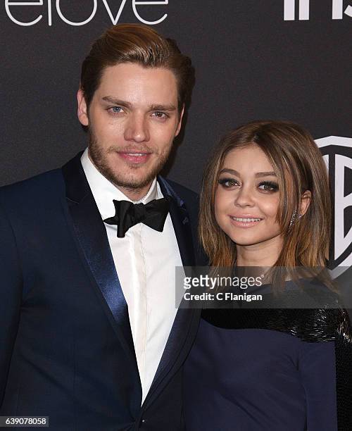 Dominic Sherwood and Sarah Hyland attend The 2017 InStyle and Warner Bros. 73rd Annual Golden Globe Awards Post-Party at The Beverly Hilton Hotel on...