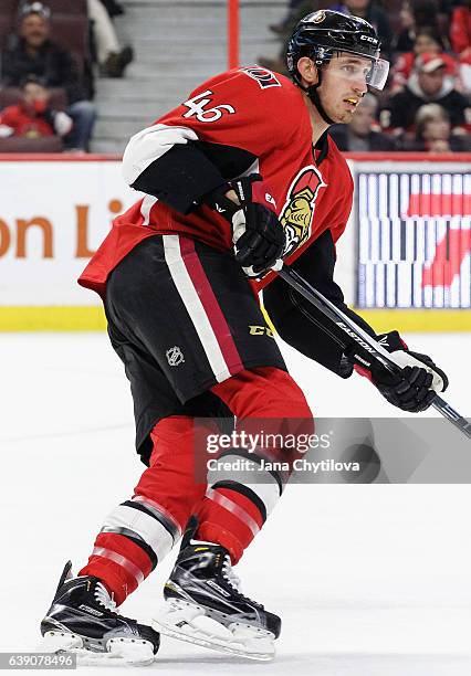 Patrick Wiercioch of the Ottawa Senators plays in the game against the New York Islanders at Canadian Tire Centre on January 22, 2016 in Ottawa,...