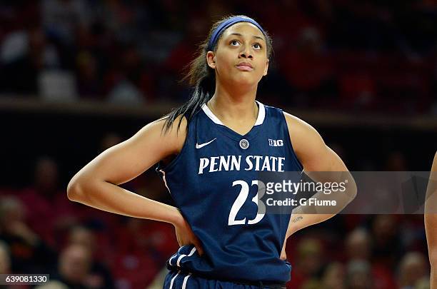 Jaylen Williams of the Penn State Lady Lions rests during a break in the game against the Maryland Terrapins at Xfinity Center on January 11, 2017 in...