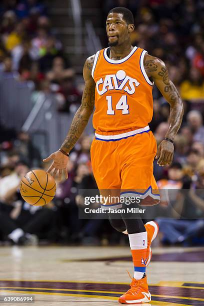 DeAndre Liggins of the Cleveland Cavaliers drives down the court during the first half against the Chicago Bulls at Quicken Loans Arena on January 4,...