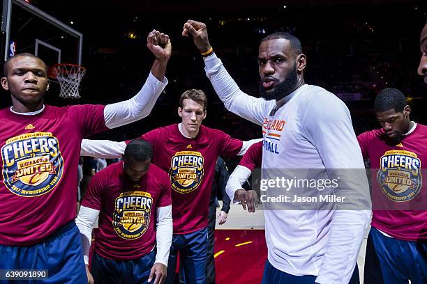 James Jones and LeBron James of the Cleveland Cavaliers during the player introduction prior to the game against the Chicago Bulls at Quicken Loans...