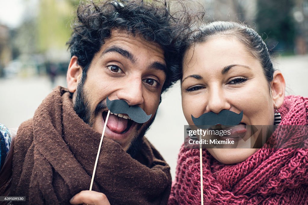 Selfie with fake mustaches