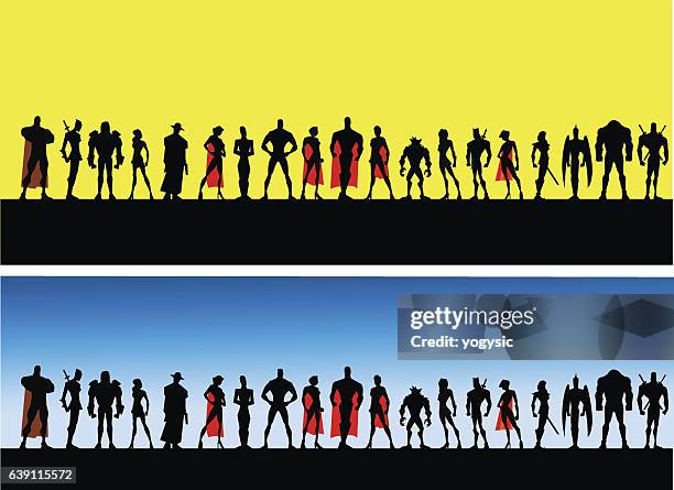 league of superheroes male and female - superman silhouette stock illustrations