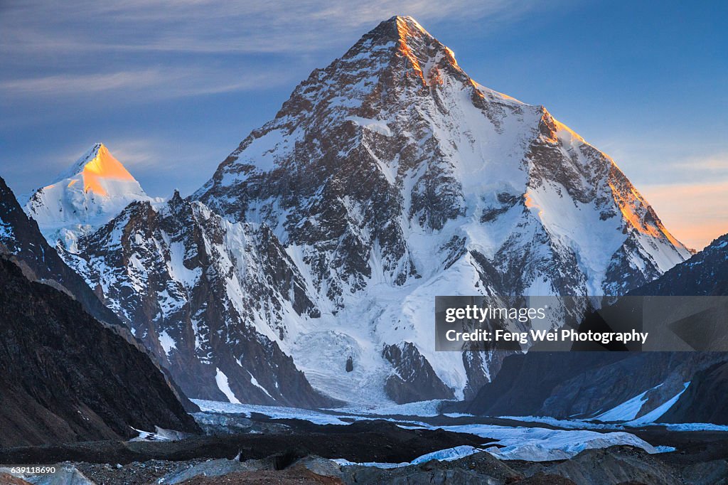 Dawn Light Over K2 & Angel Peak, Concordia, Central Karakoram National Park, Gilgit-Baltistan, Pakistan