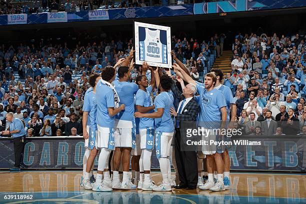 Head coach Roy Williams of the North Carolina Tar Heels is honored for his win number 800 after a win over the Syracuse Orange on January 16, 2017 at...