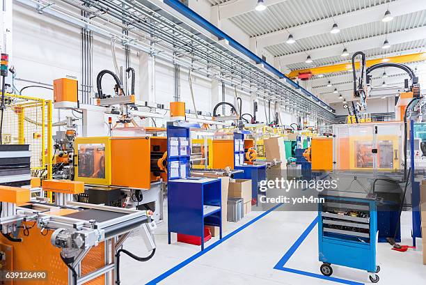 injection moulding modern machines in factory - factory wide angle stock pictures, royalty-free photos & images