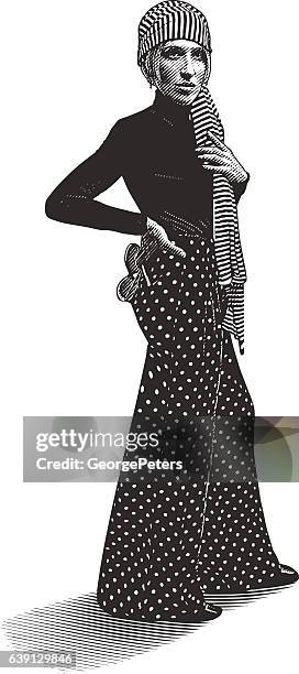 adult woman wearing vintage 1970's fashion - woman scarf trousers stock illustrations