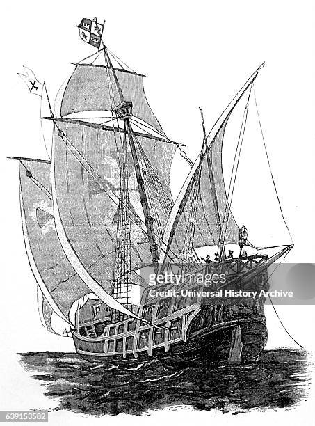 Woodblock print of a Caravel, a small, highly manoeuvrable sailing ship developed in the 15th Century by the Portuguese to explore along the West...