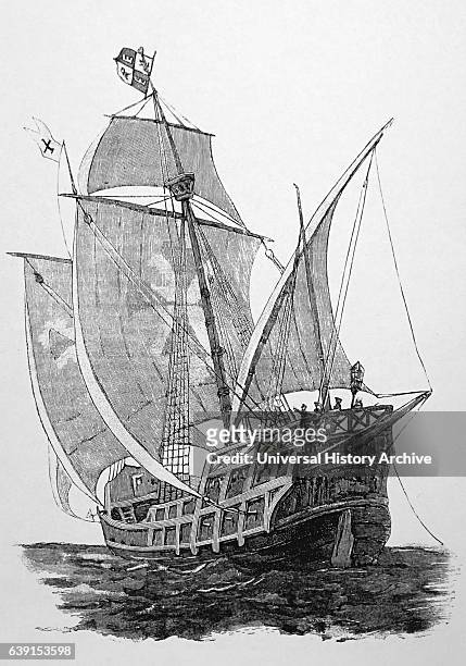 Engraving print of a Caravel, a small, highly manoeuvrable sailing ship developed in the 15th Century by the Portuguese to explore along the West...