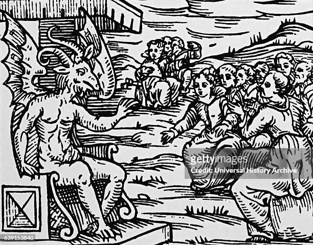Woodcut depicting Satan on his throne addressing witches and warlocks gathered for the Sabbath. From Francesco Maria Guazzo Compendium Maleficarum....