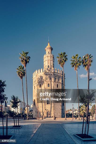 torre del oro or tower of gold, seville, spain - seville stock pictures, royalty-free photos & images