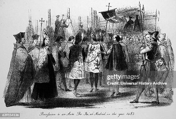 Engraving depicting the 20 condemned prisoners of the Spanish Inquisition to be burned for heresy after being paraded through the streets in tabards...