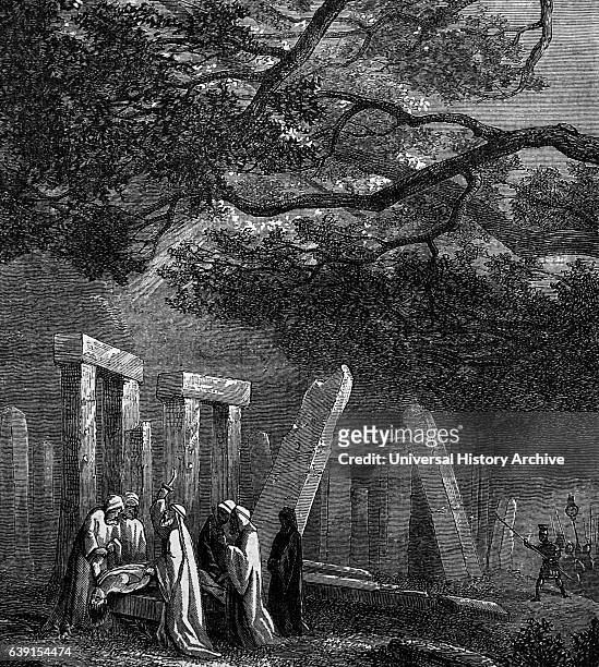 Engraving titled 'The Druid's Last Sacrifice'. Depicted are priests who are about to sacrifice a virgin princess to bring back favour of the Gods,...