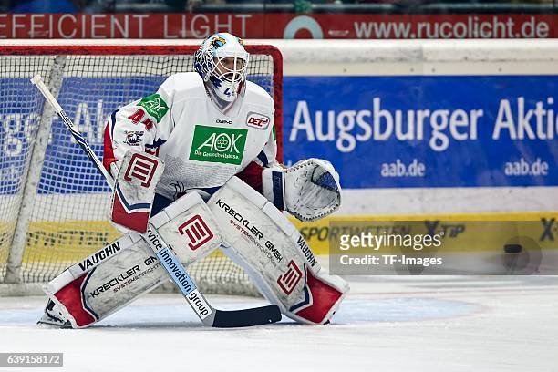 Goalie Dennis Endras of Adler Mannheim in action during the DEL match between Augsburg Panther and Adler Mannheim at the Curt Frenzel Stadion on...