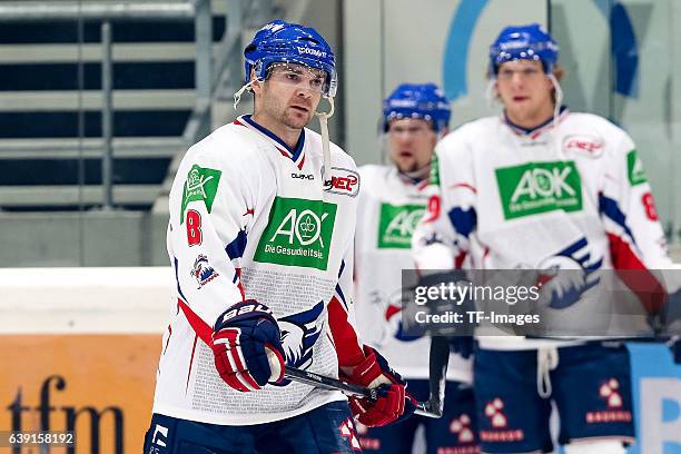 Carlo Colaiacovo of Adler Mannheim looks on during the DEL match between Augsburg Panther and Adler Mannheim at the Curt Frenzel Stadion on January...