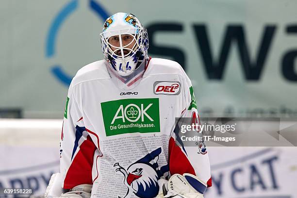 Goalie Dennis Endras of Adler Mannheim looks on during the DEL match between Augsburg Panther and Adler Mannheim at the Curt Frenzel Stadion on...
