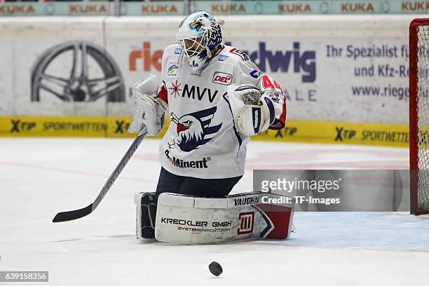 Goalie Dennis Endras of Adler Mannheim in action during the DEL match between Augsburg Panther and Adler Mannheim at the Curt Frenzel Stadion on...