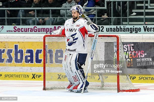 Goalie Dennis Endras of Adler Mannheim looks on during the DEL match between Augsburg Panther and Adler Mannheim at the Curt Frenzel Stadion on...