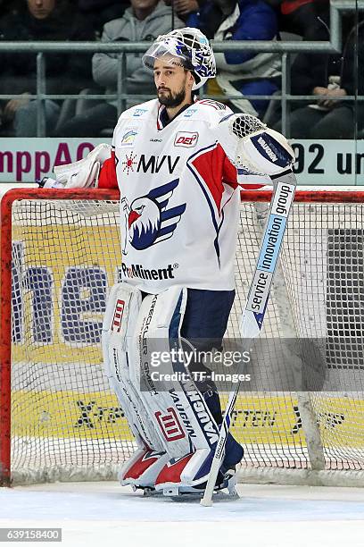 Goalie Dennis Endras of Adler Mannheim looks on during the DEL match between Augsburg Panther and Adler Mannheim at the Curt Frenzel Stadion on...