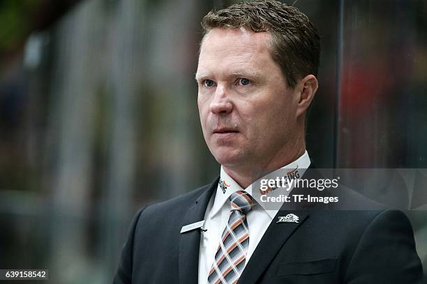 Headcoach Mike Stewart of Augsburger Panther looks on during the DEL match between Augsburg Panther and Adler Mannheim at the Curt Frenzel Stadion on...