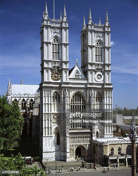 Westminster Abbey, London, c1990-2010. A front view of the west elevation of large, mainly Gothic abbey church in the City of Westminster, London....