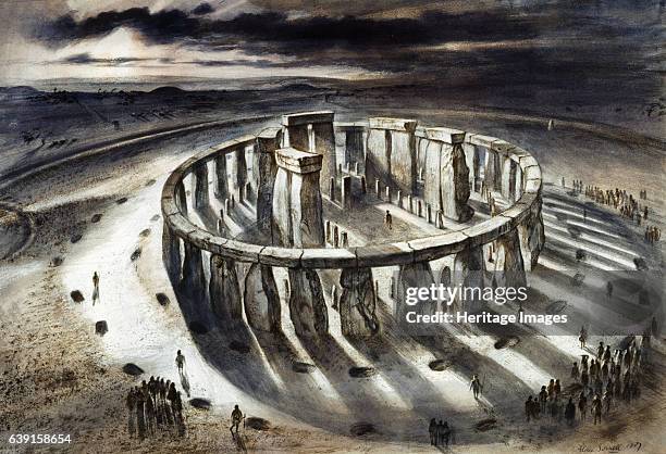 Stonehenge 1000BC, . Reconstruction drawing of Stonehenge as it might have appeared in 1000 BC. Stonehenge is a prehistoric monument in Wiltshire,...