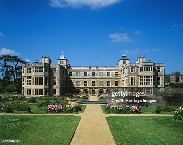 Audley End House & Gardens, c1990-2010. Saffron Walden, Essex. View of the East front and the parterre flower garden. A largely early 17th-century...