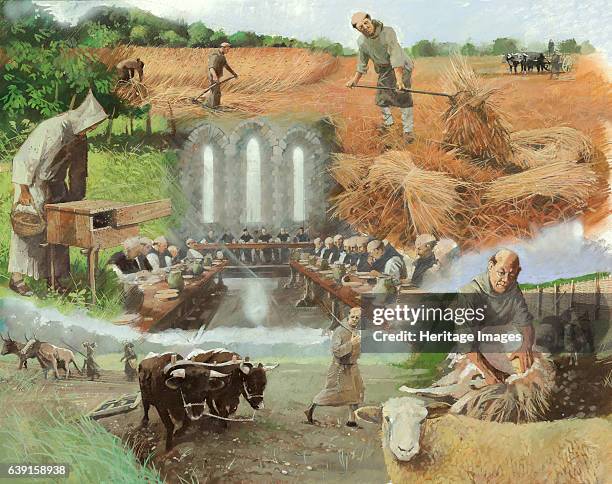 Waverley Abbey, Surrey. Reconstruction drawing of monks at work, c13th century, . Waverley Abbey was the first Cistercian abbey in England, founded...