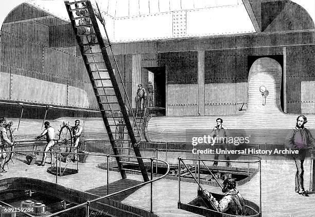 Engraving depicting the 'Great Eastern' used during the creation of the Atlantic Telegraph. Showing the screw engine room. Dated 19th Century.