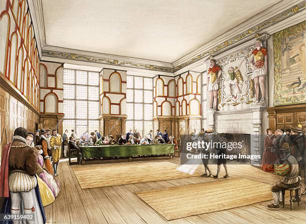 Hardwick Old Hall, c1590, . Reconstruction drawing showing Bess of Hardwick entertaining in the Great Chamber c1590.Hardwick Old Hall, Derbyshire was...