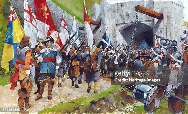 Pendennis Castle, Cornwall. 17th August 1646,. 'Honourable' surrender of Royalist troops. Civil War reconstruction drawing. Pendennis Castle was an...